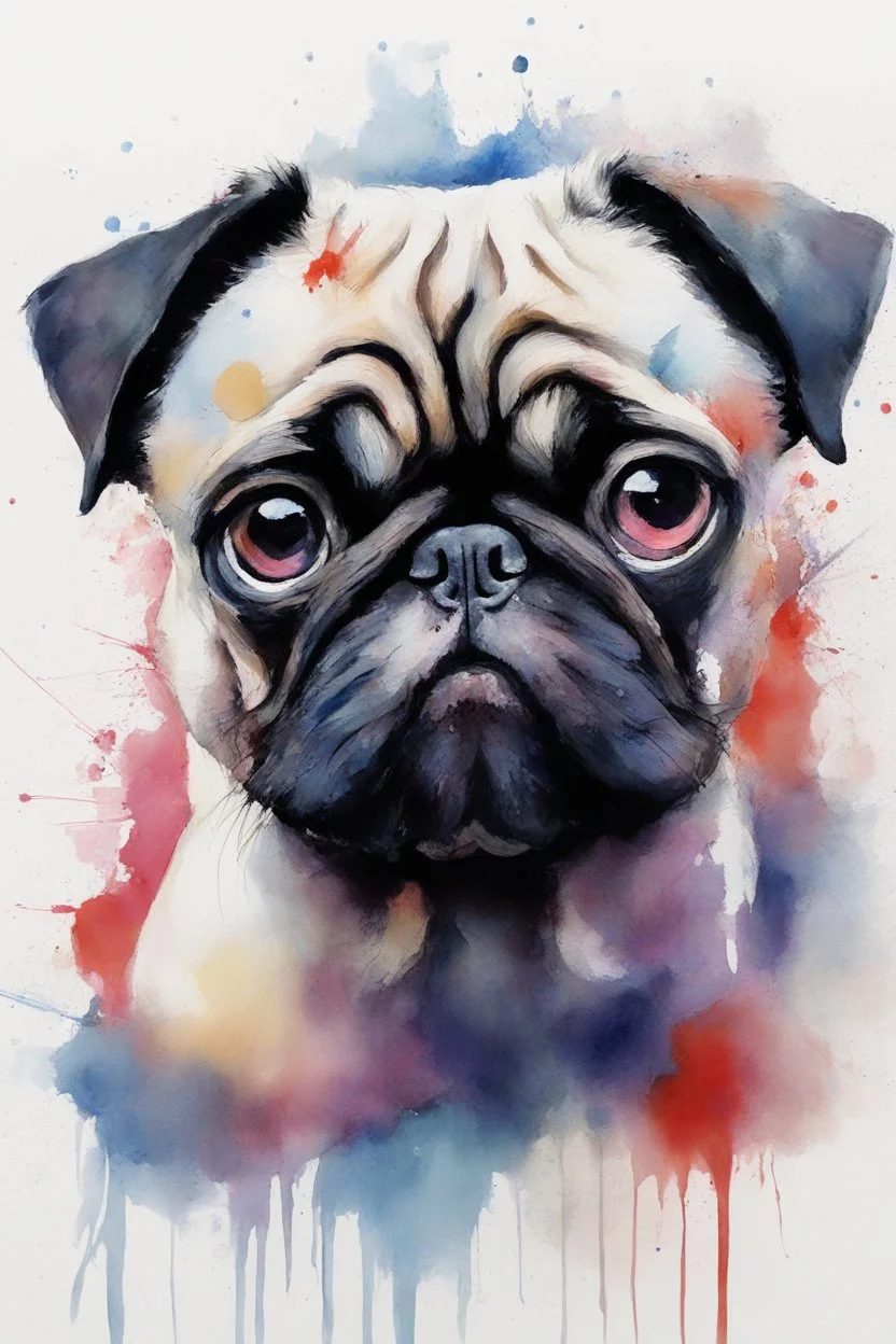 A portrait of a pug by Agnes Cecile by Willem Haenraets, loose watercolour, pastel, chalk, wet on wet and splattering techniques, centred, perfect composition, abstraction,