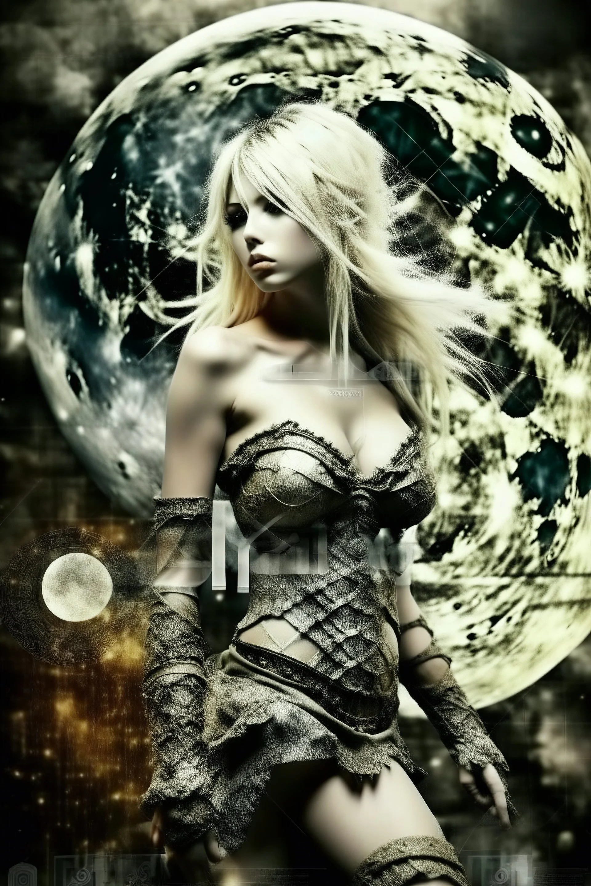 Explosive abstract collage style image of a beautiful anime warrior girl, beautiful blond hair and features, dramatic, pieces of cloth material, textured moon in background, bob wire, gothic surroundings, textures