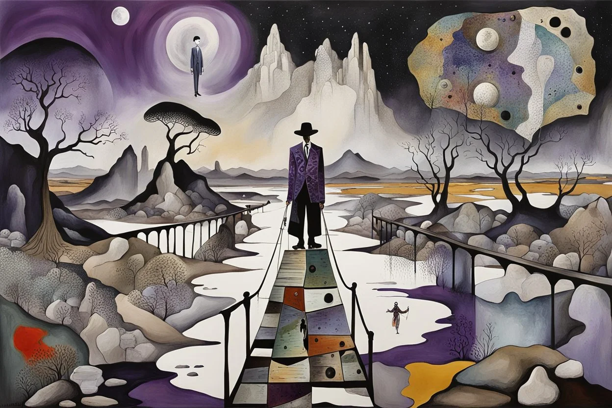 face to the camera in midle one alone human figure with a big map his hands in weird whimsical clothes stands on thin weird bridge , weird whimsical landscape, forest, and Sahara water and rocks,, around surreal cracked painted weird land with some black doors. dark purple, gray, black, white, brown,deep colors. style of Chagall , of Minjae Lee and Tim Burton, absurd beauty. broken, weird bizarre absurd, nightmare, neuron network background, surreal vibe