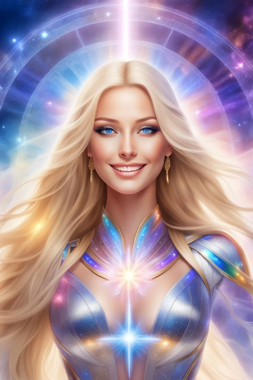 cosmic woman smile,beautiful ufos rainbow, admiral from the future, galactic confédération, fine whole face, crystalline skin, expressive blue eyes,rainbow, smiling lips, very nice smile, costume pleiadian, Beautiful tall woman pleiadian Galactic commander, ship, perfect datailed golden galactic suit, high rank, long blond hair, hand whit five perfect detailed finger, amazing big blue eyes, smilling mouth, high drfinition lips, cosmic happiness, bright colors, blue, pink, gold, jewels, realist,