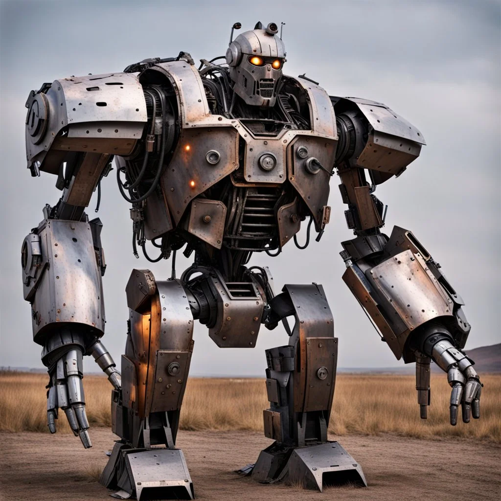 trash mech suit, human-sized, made of scrap metal, small,