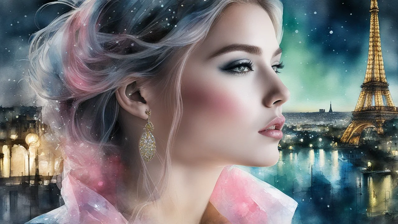 woman, Paris, night, watercolor, glow, transparency, lumen, professional photo, 3d, 64k, high resolution, high detail, computer graphics, hyperrealism, f/16, 1/300 s. digital painting, double exposure, colors: white, silver, gold, gray, delicate pink, delicate green, blue, photorealistic painting, tenderness, torn edges, cracks,