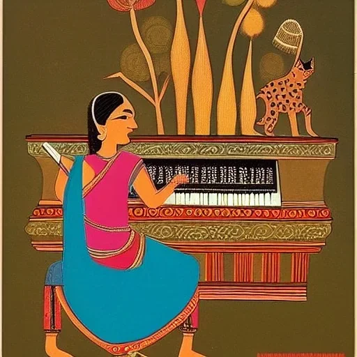 cat playing piano in style of indian art