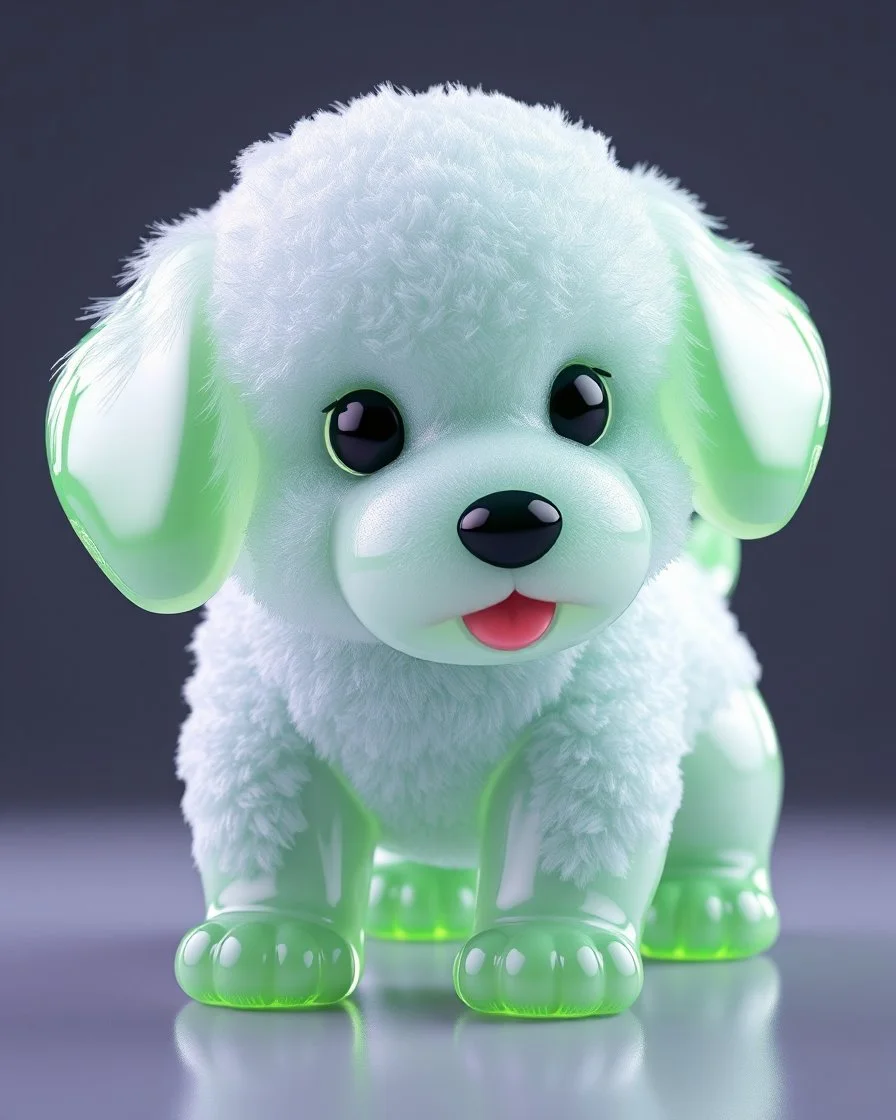 Generate image: A macro 3D render of a cute, lovely wooly dog ,made of Translucent glossy jelly material, soft gelatinous appearance, smooth rounded surface, realistic subsurface scattering, internal light diffusion, subtle volumetric translucency, wet polished highlights, slightly reflective surface, soft rubbery-plastic texture, vibrant neon green color, physically based shader, studio lighting, high-end CGI render.