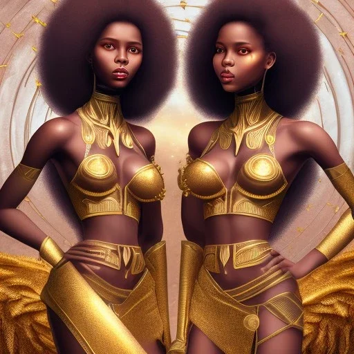 Female angelic African American Twins, black skin, tall and slender, long afro kinky hair,big brown eyes, long eyelashes warrior wear. Big butts. Gold accents on clothing. Surround by trees. Holding golden spears. Starry night