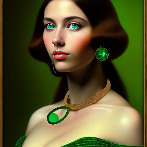 oil Portrait of a Brunette beautiful busty voluptous adult woman with emeralds necklace with big Green sad eyes looking to viewer by GRANT WOOD Ingres 8k