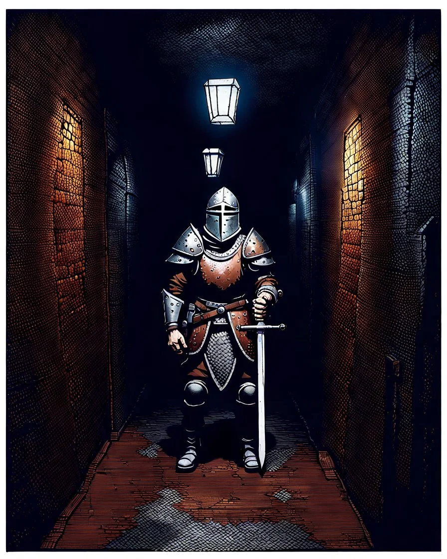 A frightening castle dungeon hallway with an knight warrior in rusty chainmail holding a zweihander painterly rpg art