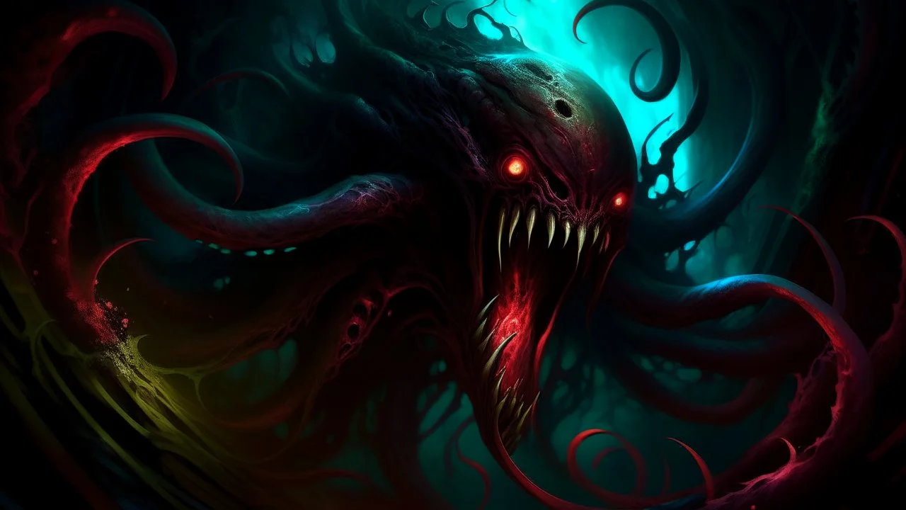 A dark, monstrous creature with sharp teeth, glowing red eyes, and multiple tentacles emerging from a chaotic, abstract background with vibrant colors and patterns