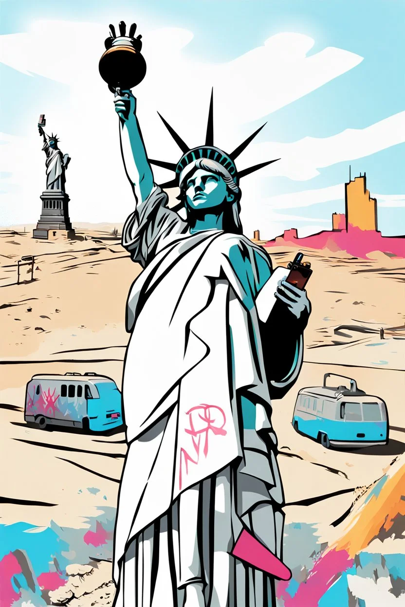 up-close digital image of the statue of liberty, covered in graffiti , holding a cellphone and taking a selfie while smiling,a Louis Vuitton bag over shoulder, standing alone In a deserted desert