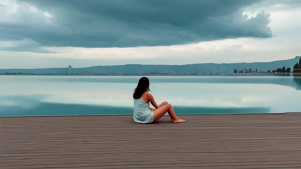 Woman sitting on a jetty with her feet in the water of the lake, in the background you can see a house of modern architecture that is reflected in the lake, the sky threatens storm