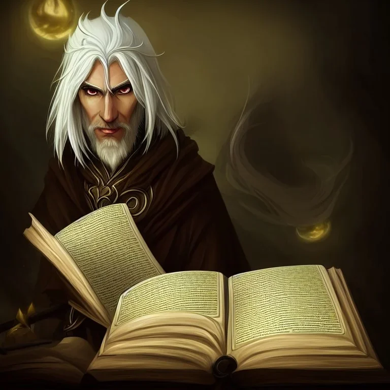 portrait of one single calm elf with white hair in beige coat reading a huge book, fantasy character art, concept art, somber, gloomy lighting, 3d concept art, stylized