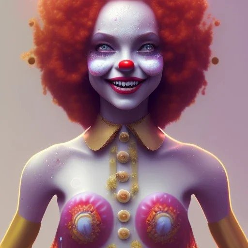 Ultra detailed very beautiful smileing clown girl,beautiful real skin, red nose, symmetrical, ultra detailed curl hair, soft lighting, ultra detailed face, concept art, circus, digital painting, octane render, art by artstation