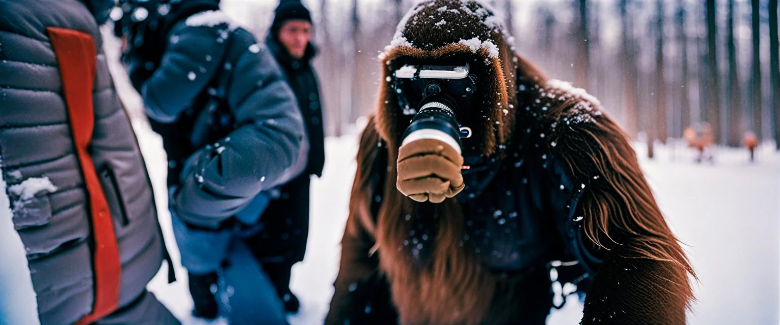 close up documentary photography, Yeti, Bigfoot, Dystopian, Japanese, Extreme depth of field, bokeh blur, winter, blizzard, Alberta, all-natural, in the style of candid, imperfection, natural lighting, Professional shot, shot on Agfa, Fuji Film, Anamorphic lens, 1980s, --ar 4:5 --w 150 --style raw