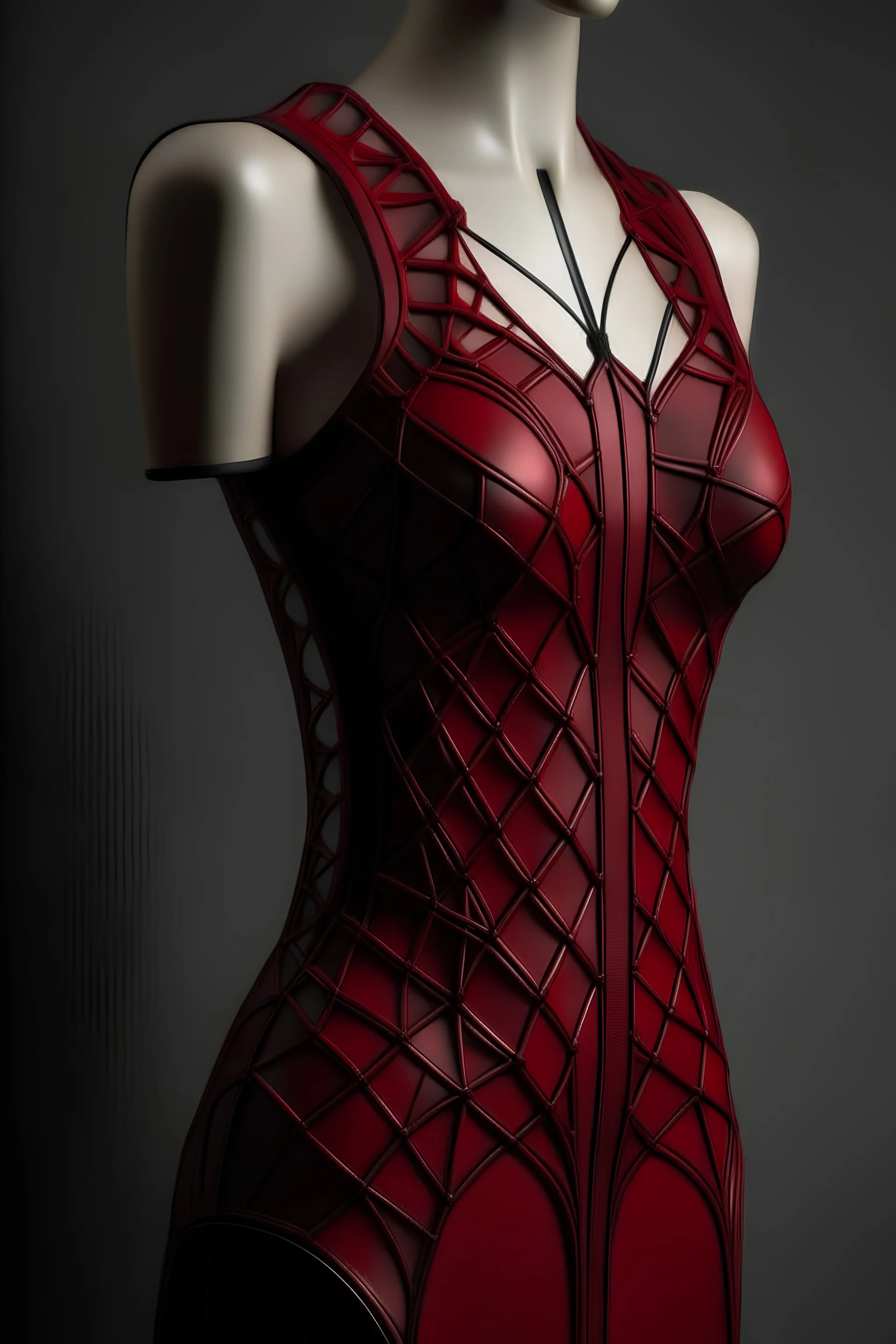 Dark red leather long dress, 3D printing, tight corset, sleeveless, inspired by fractals in geometry.