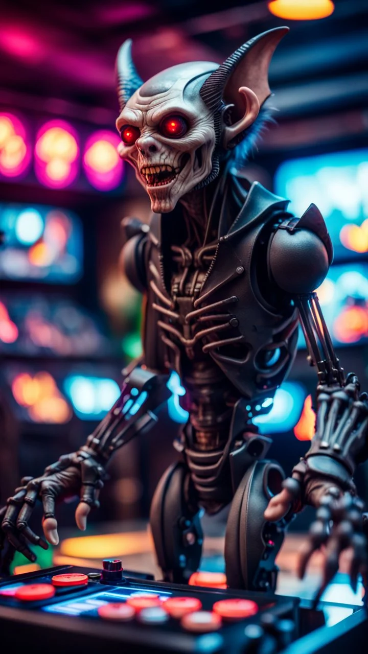 full figure portrait of a vampire werewolf robot goblin gremlin with mustage playing a VR arcade game, in the style of Giger,bokeh like f/0.8, tilt-shift lens 8k, high detail, smooth render, down-light, unreal engine, prize winning