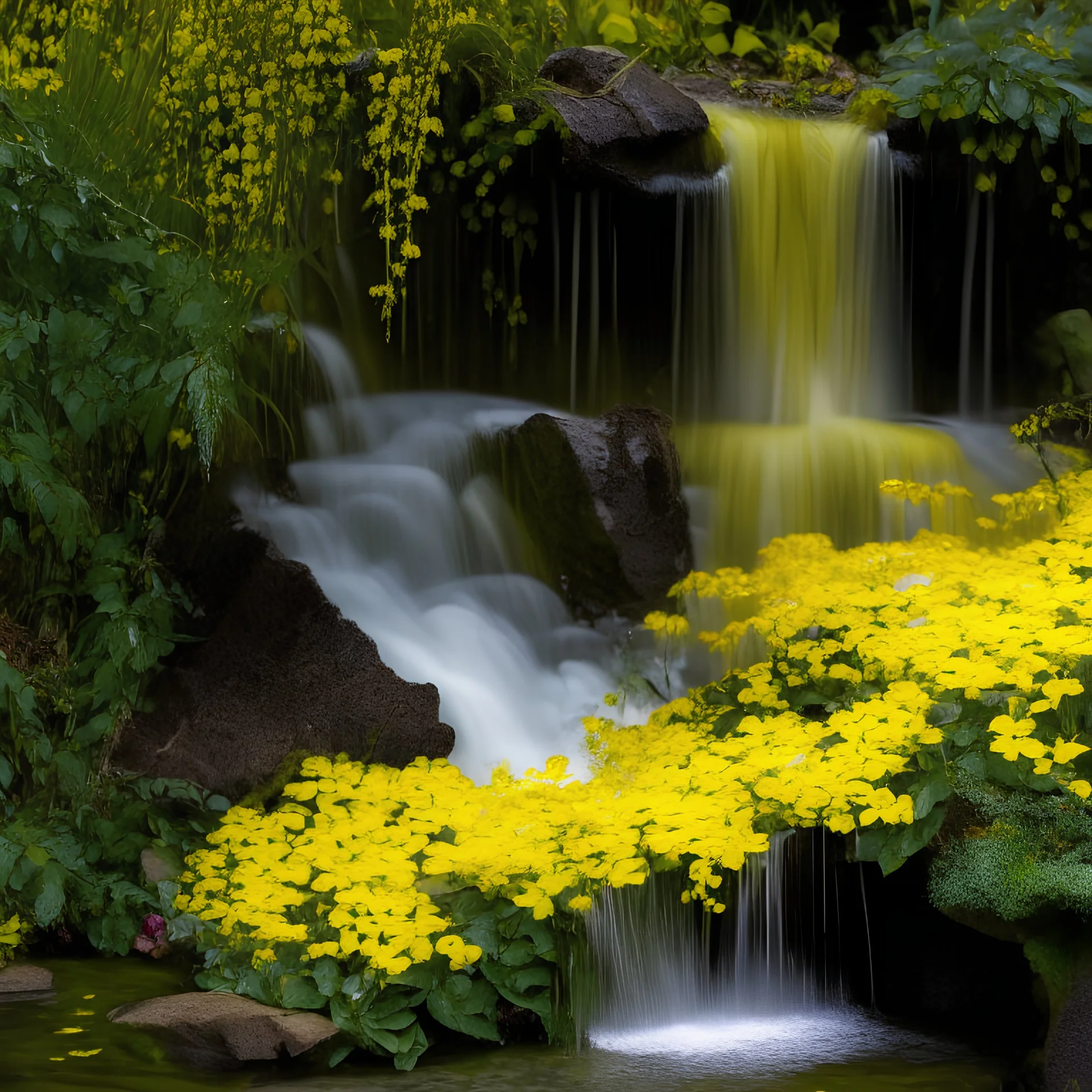 A small waterfall surrounded with yellow flowers and bushes