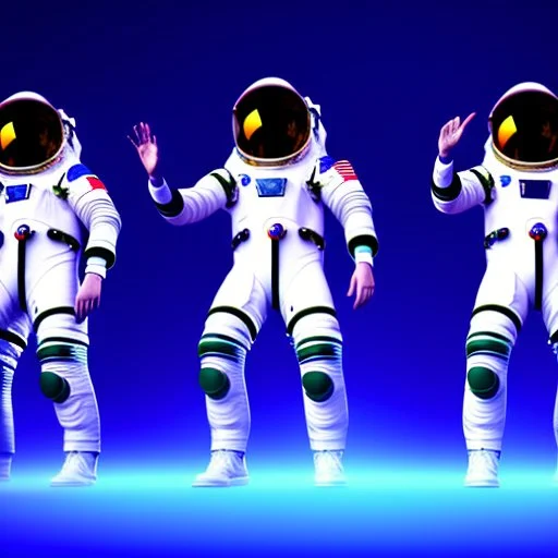 Members of a rock band performing while wearing spacesuits