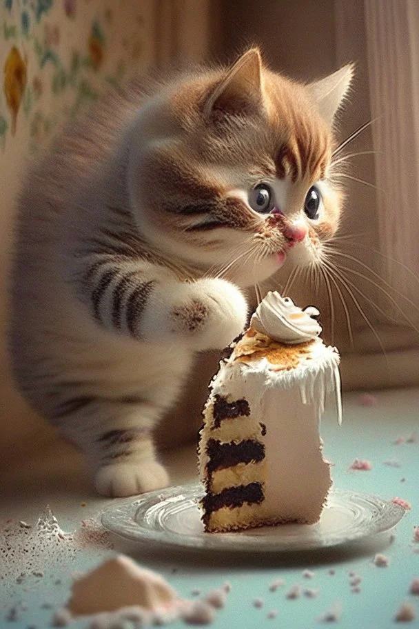 baby cat sneaking cake