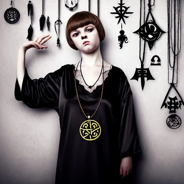 Realistic photo Russian shorthair tomboy with black magic evil forces amulet on the neck boyish face men's look boys face boylike in lacy girlish nightgown in girlish room with amulets of black magic and symbols of evil forces on the wall