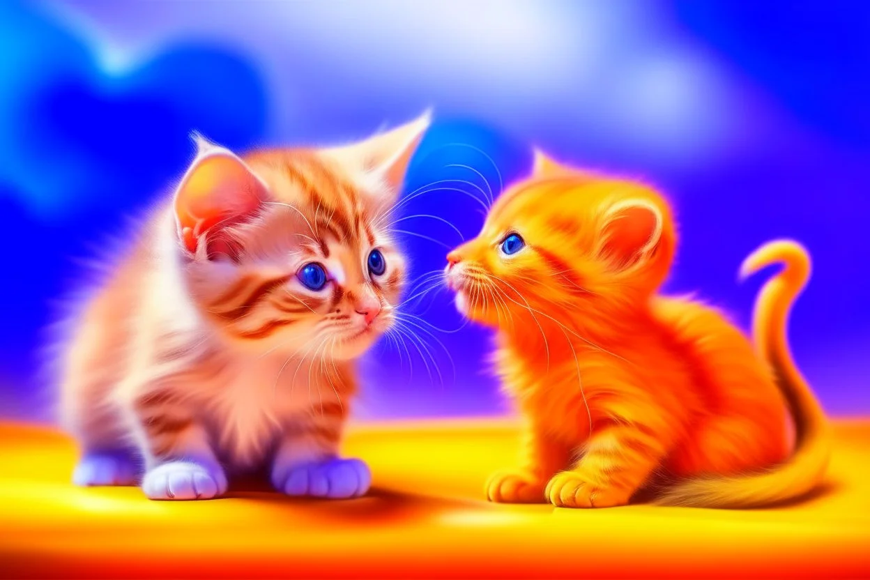 a fluffy orange kitten makes friends with a cute gray mouse on Valentine's day, happy vibe studio lighting fantastic view colourful very cute Lisa Frank richard scarry