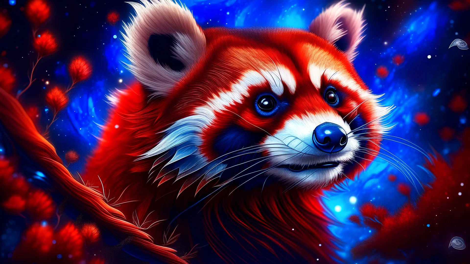 Magical red panda in space. nebula , Flying Petals, Sparks, Lightning,, Portrait Photography, Fantasy Background, Intricate Patterns, Ultra Detailed, Luminous, Radiance, Ultra Realism, Complex Details, Intricate Details, 16k, HDR, High Quality, Trending On Artstation, Sharp Focus, Studio Photo, Intricate Details, Highly Detailed, hearts. colorful