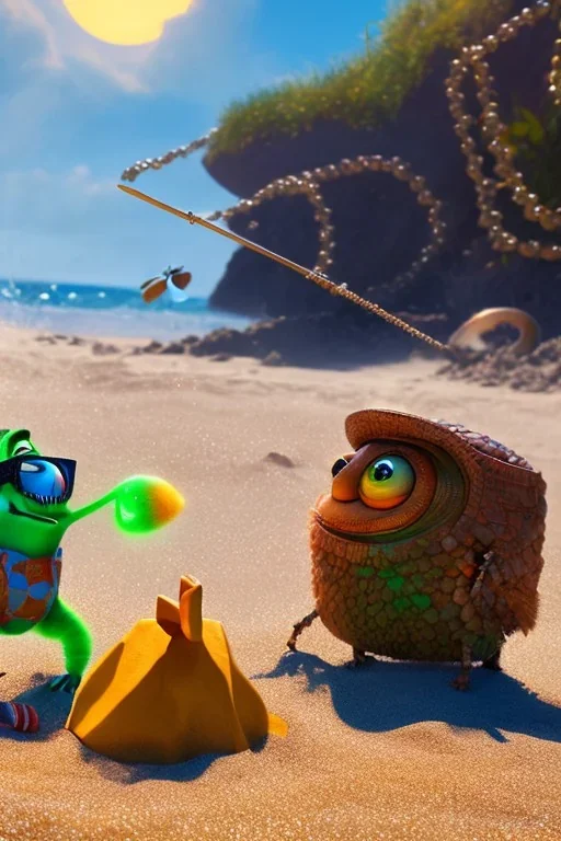 The hangman and the locust on the beach happily making sandcastles in the sun, art by Pixar and Dreamworks