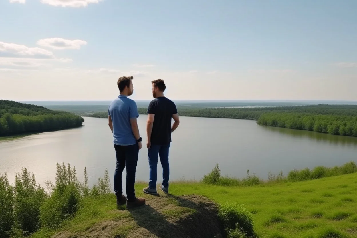 An image of two people exchanging criticism in a constructive and respectful manner, standing on a hill with a lake behind them 4K