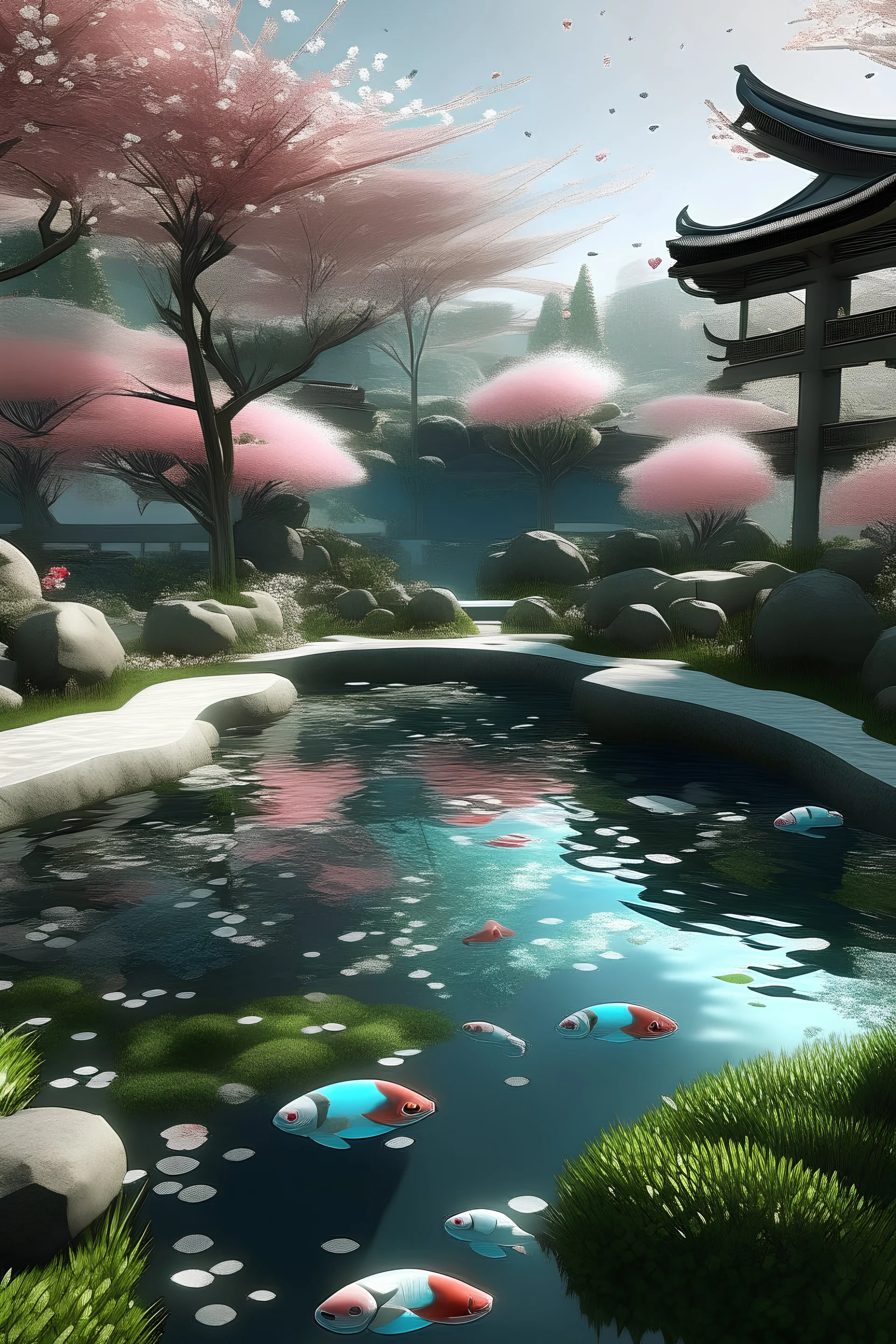 Generate an AI art piece that fuses the tranquility of a traditional Japanese garden with a sci-fi twist. Imagine a cybernetic koi pond surrounded by holographic cherry blossom trees, where ancient serenity harmonizes with futuristic technology.