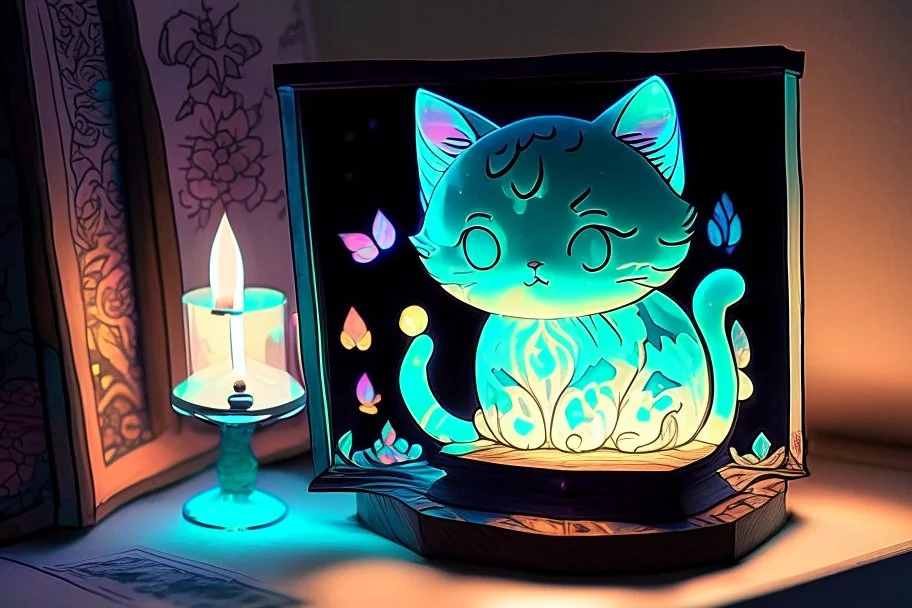 a cute chibi cat watching fappily a bioluminescent stained glass tyffany lamp on a wooden nightstand