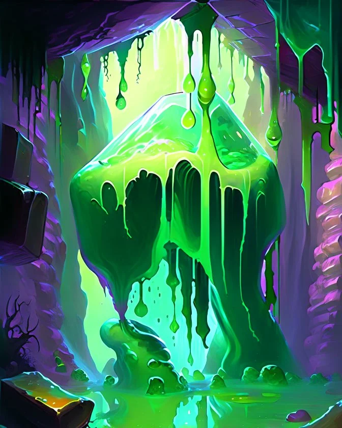 a slimy dripping gelatinous cube in vast cavern room painterly