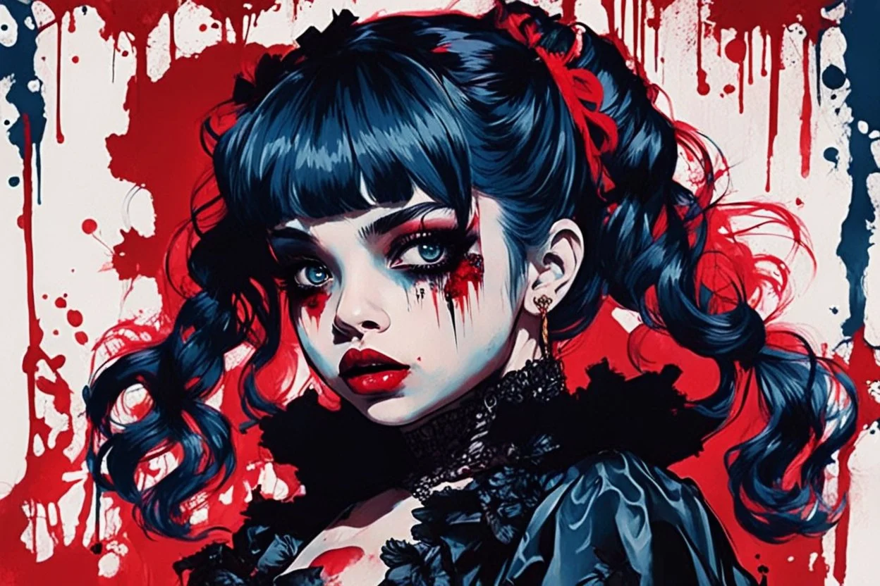 Poster in two gradually, a one side malevolent goth vampire girl face and other side the Singer Melanie Martinez face, full body, painting by Yoji Shinkawa, darkblue and red tones,