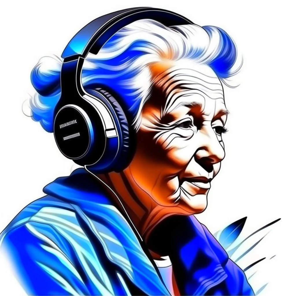 Illustration sketch of grandmother in music with headphone