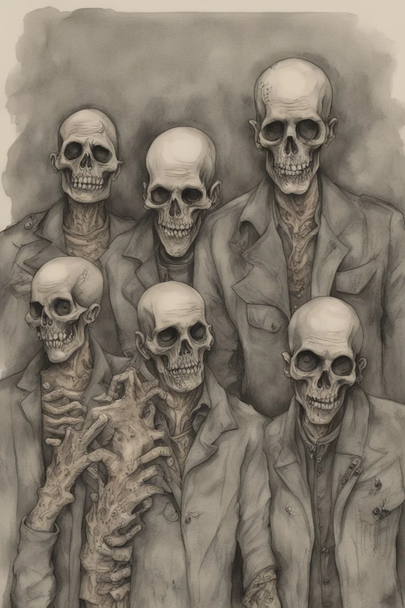 Zombie boy band called Skeleton Crew; Intricate Line Drawing; Ink Wash With Watercolor Paint