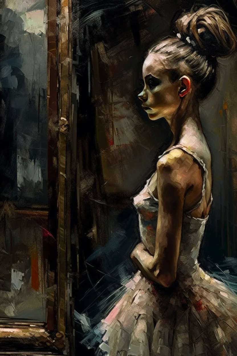 a beautiful ballerina, in a studio, Infront of a mirror, side profile with eyes looking slightly Down, her reflection in the mirror is however looking straight back at her and not looking down, scary, dark undertone, 12k, detailed painting, thick impasto and textures with rough brush strokes, chaos background with cracked paint, peeling off