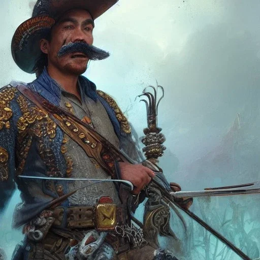 Insanely detailed photograph of an “ a mustachioed cowboy warrior ” with detailed Sombrero, intricate charo,cigar,crossbow in hand, hyperdetailed painting by Ismail Inceoglu Huang Guangjian and Dan Witz CGSociety ZBrush Central fantasy art album cover art,8K, hdr, mysterious, flickeringlights ,Stoic