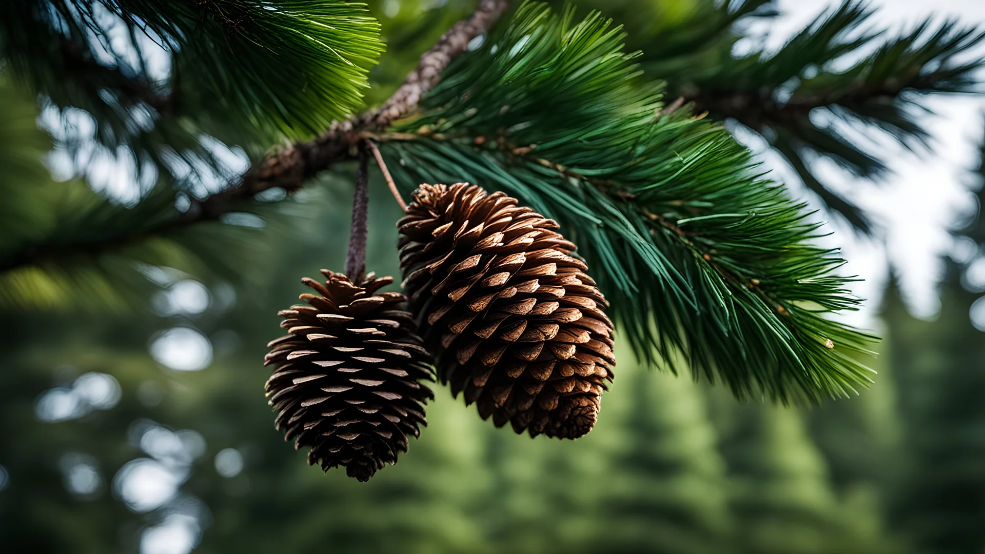 Two pine cones dangle from a tree branch in a lush forest of majestic maritime pine, black fir, and spruce trees. The vibrant pine color scheme is complemented by the surrounding coniferous forest, filled with the beauty of pine and fir trees. The f1.8 anamorphic lens captures the enchanting sight of sparse pine trees and spruce trees adorning the forest edges.