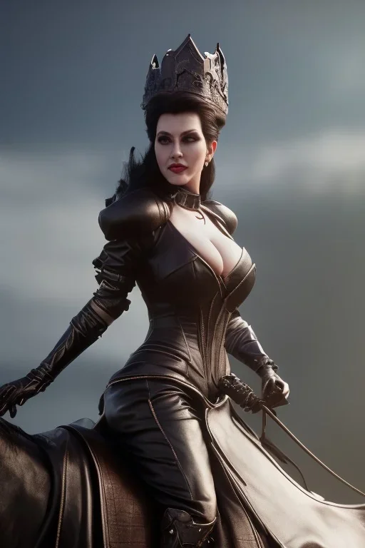 busty evil queen in leather gown, riding a horse, cleavage, angry, stern look, unreal 5, octane render,cinema4d, dynamic lighting, dramatic lighting, 4k, redshift render, highly detailed, hyper realistic