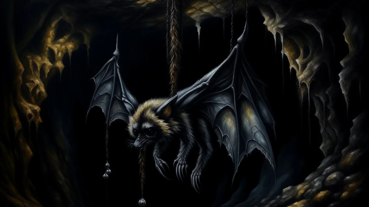 A hyper-realistic oil painting of a majestic bat hanging upside down in a dark cave, intricate details capturing every texture of its wings and fur. The scene is set against a background of eerie shadows and dimly lit stalactites, creating a sense of mystery and suspense. The suffix adds a surreal element, with faint glowing eyes peering out from the darkness, giving the bat an otherworldly presence.