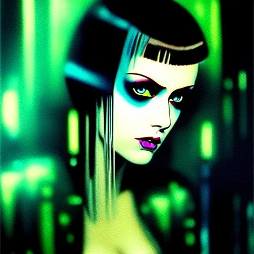 portrait oil on canvas, beautiful punk busty female Blade runner Replicant, intense stare, sad glowing eyes, post-apocalyptic in a cyberpunk city,minimal skintight latex dress, bladerunner movie poster, realistic, Crystal Big green eyes , intricate detail, , sci-fi fantasy style, masterpiece, volumetric lighting, particles, highly detailed ,cinematic , deep colours,8k, in the style of Simon Biesly