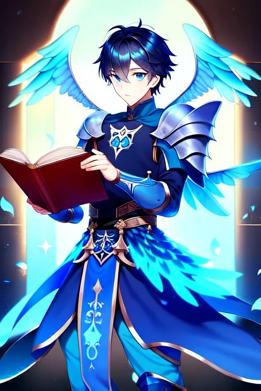 a person in runic armor with blue wings, blue short hair, runic tattoo and spell book, male