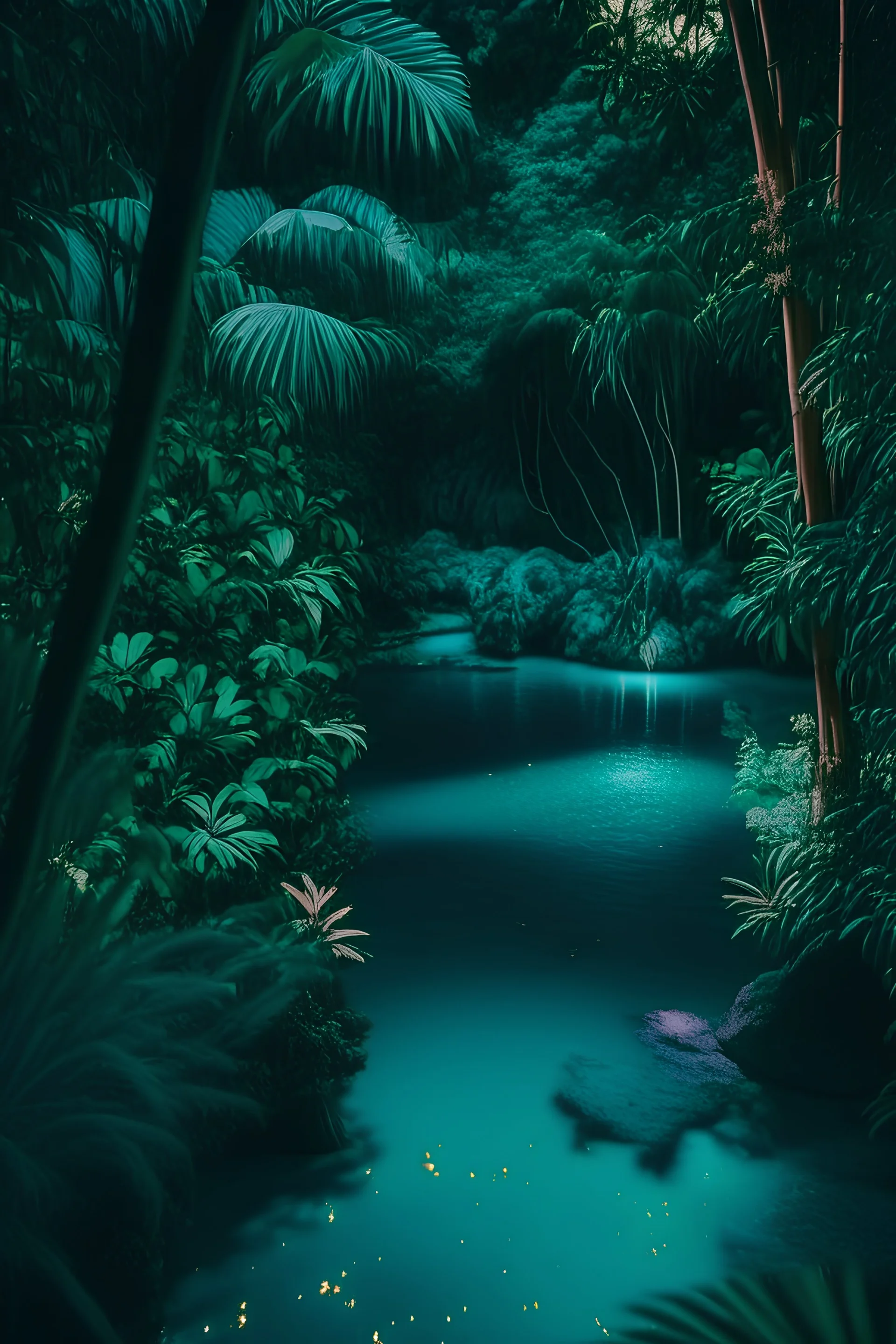 /imagine prompt: Color photo of a paradise, lush greenery, crystal clear waters, vibrant wildlife — night, Nikon D850, Fujifilm Velvia 100F, Nikkor 24-70mm f/2.8G ED, long exposure — Wes Anderson, Emmanuel Lubezki, Ansel Adams, Christian Dior, Gucci —c 10 —ar 2:3