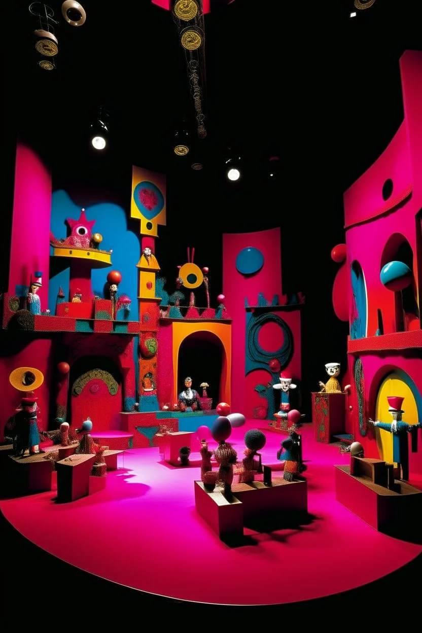 A magenta theatre with controlled puppets painted by Wassily Kandinsky