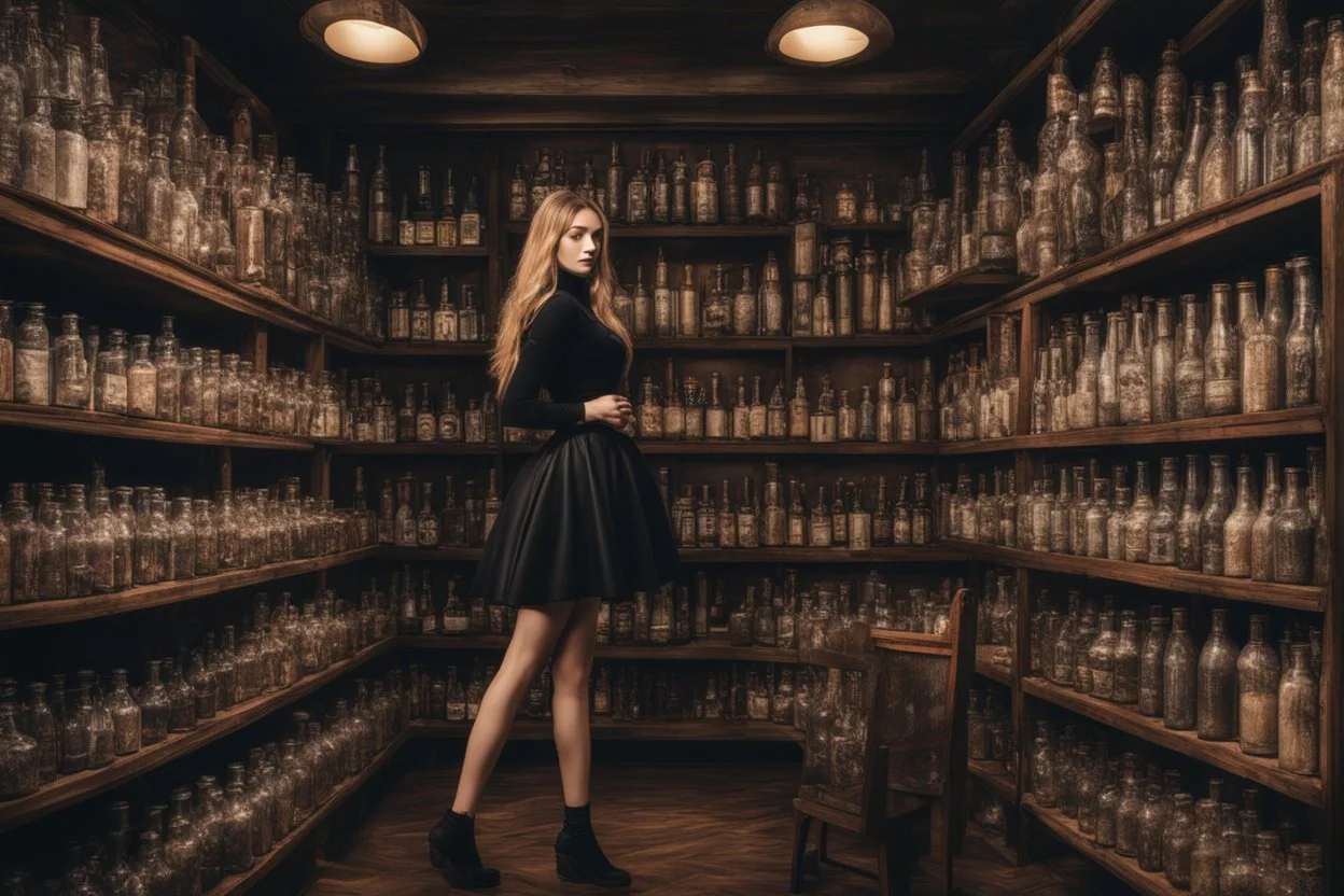 full-height shot of a young witch in a tight black short skirt, inside a large magic shop, shelving, bottles, windows