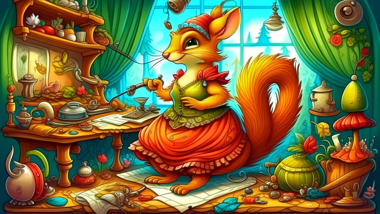 fantasy cartoon style illustration: Madame Squirrel, the most skilled seamstress in the woods, is sewing the carnival costume