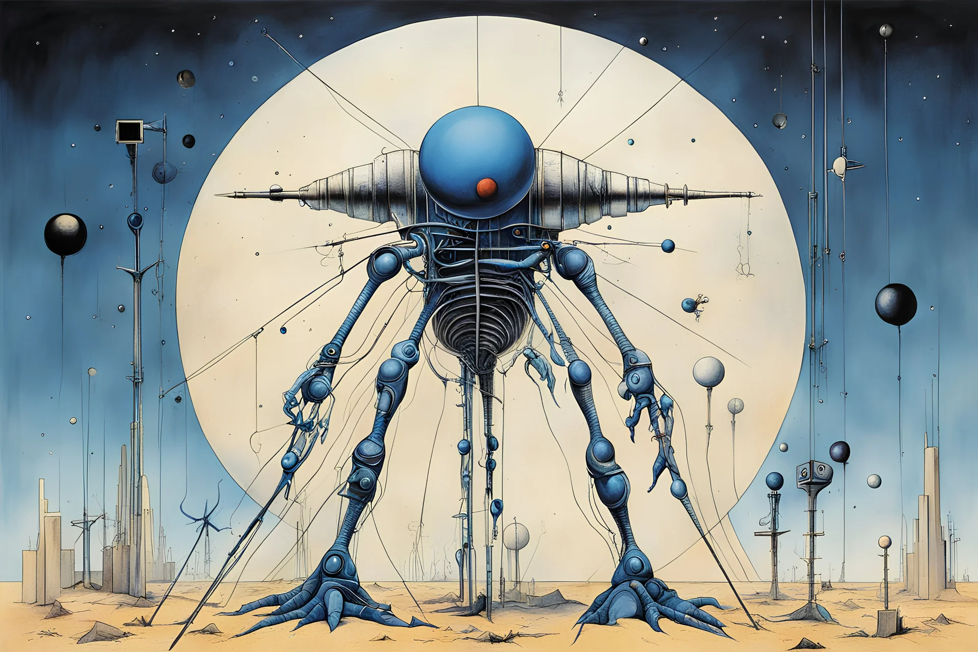 cross beams, construction, robots, lights, nasa, interstellar, crossing perspectives, blue highlight, Style by Joan Miro, Gerald Scarfe, by Amir Zand, H.R. Giger, design masterpiece, sharp focus, muted colors, sharp, angular,