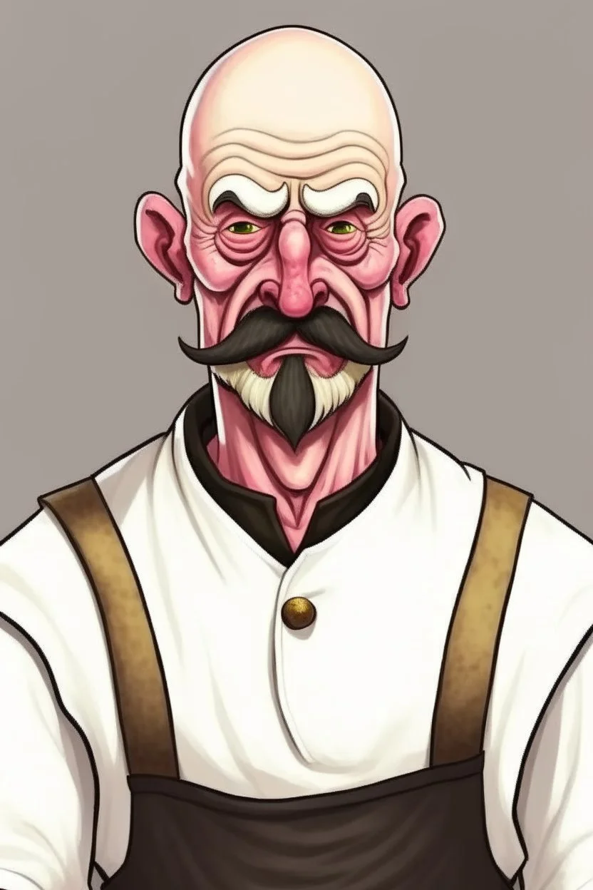 bald innkeeper with white dirty apron and moustache