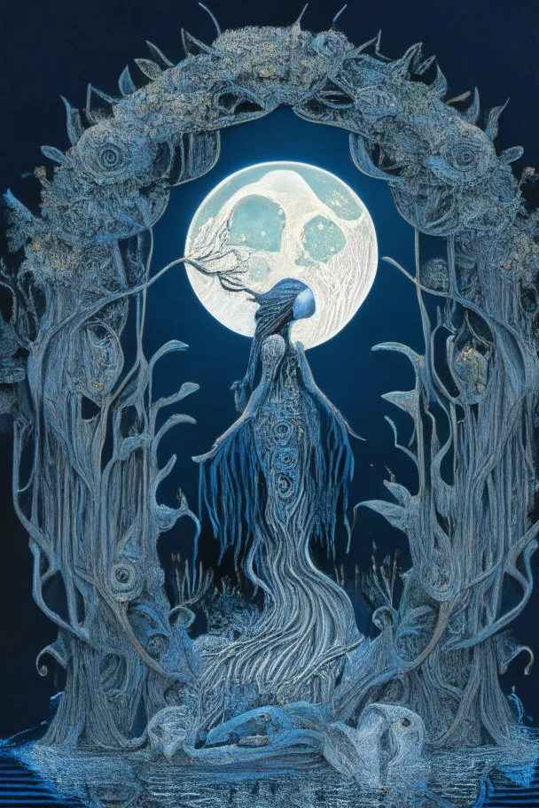 The recovered masterpiece entitled "Pond Goddess Full Moon " depicts The partially skeletonized Pond Goddess wearing a gorgeous gown made from beautifully detailed quilling consisting of feathers, foliage, fish scales, flowers, and gemstones appearing inside the reflection of the Full Moon on the water; neo-surrealism; fractal art; hieroglyphics; symbolism; quilling; intricately detailed; award-winning