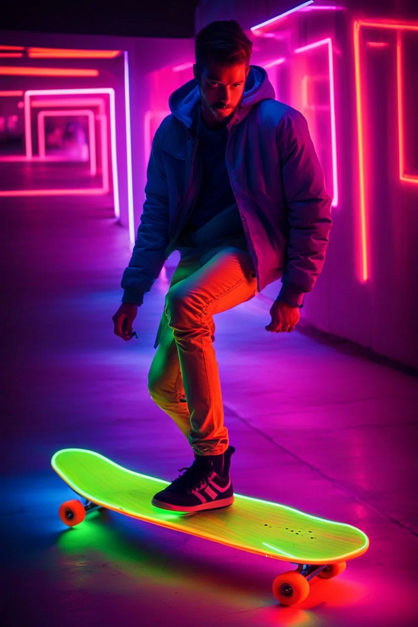 a neon photograph of a man on a skateboard, neon art, neon art style, neon digital art, colorful neon lighting, neon glow concept art, blacklight poster, fashion neon light, neon background lighting, neon electronic signs, neon graffiti, background with neon lighting, made of neon light, cyber neon lighting, neon dark lighting, neon lighting, splashes of neon