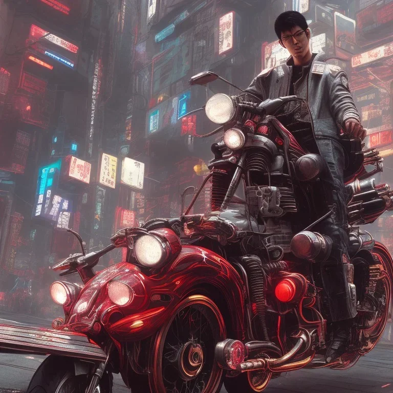 cyberpunk man in kaneda's bike from akira, highly detailed global illumination, detailed and intricate environment