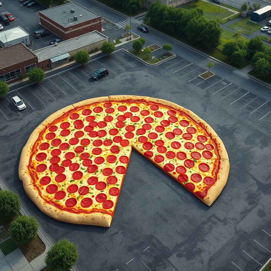 Photograph from a helicopter looking down on a parking lot where a colossal pepperoni pizza takes up the entire lot, fantastical, gigantic food, concept art, realistic looking